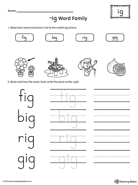 IG Word Family Match and Spell Words Worksheet