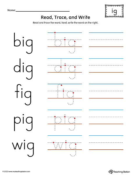 IG Word Family - Read, Trace, and Spell Printable PDF