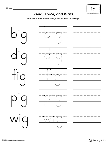 IG Word Family - Read, Trace, and Spell Worksheet