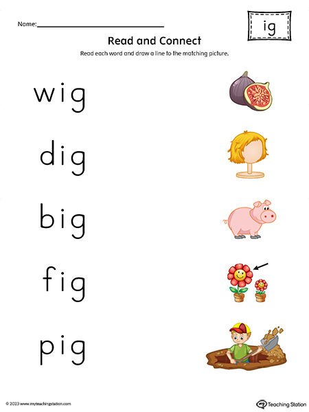 IG Word Family Read and Connect to Image Printable PDF