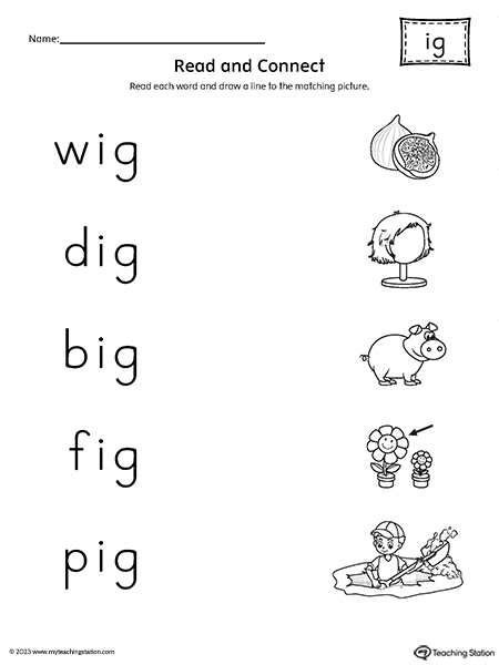 IG Word Family Read and Connect to Image Worksheet