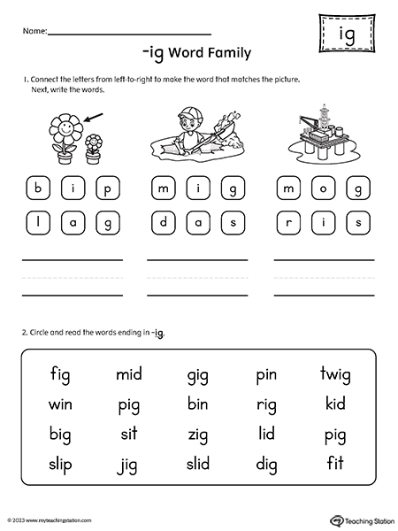 IG Word Family Read and Spell Simple Words Worksheet