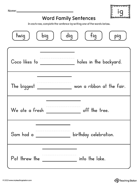 IG Word Family Sentences Worksheet