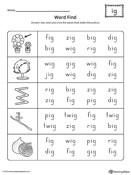 IG Word Family Word Find Worksheet