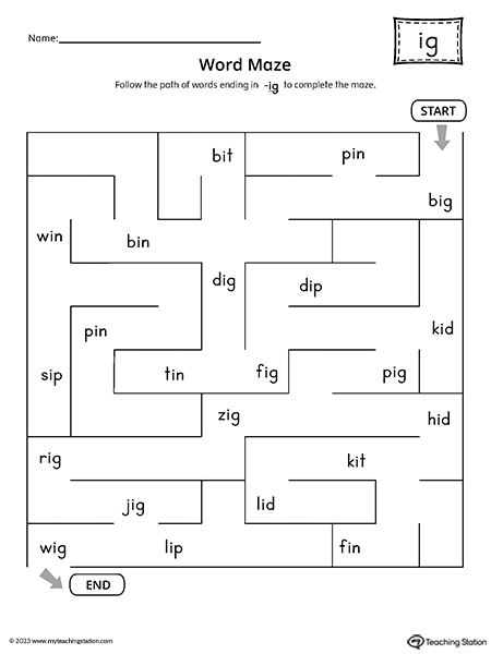 IG Word Family Word Maze Worksheet