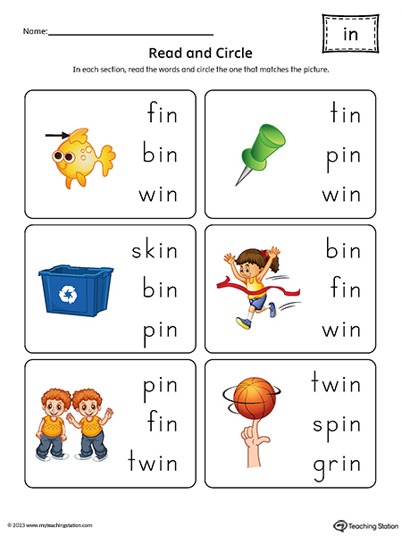 IN Word Family Match Picture to Words Printable PDF