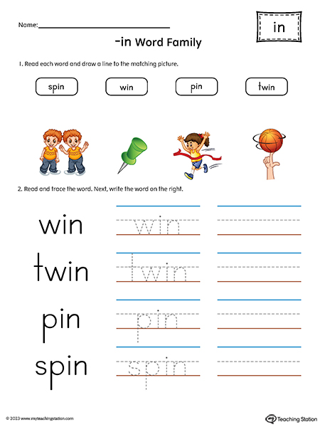 IN Word Family Match Pictures and Write Simple Words Printable PDF