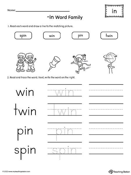 IN Word Family Match Pictures and Write Simple Words Worksheet