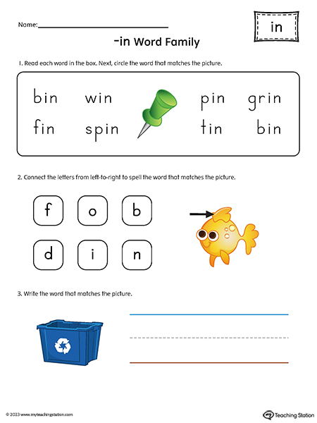 IN Word Family Match and Spell Printable PDF