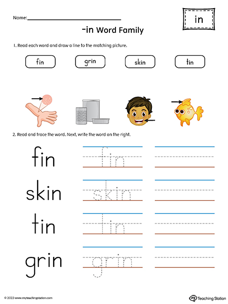 IN Word Family Match and Spell Words Printable PDF