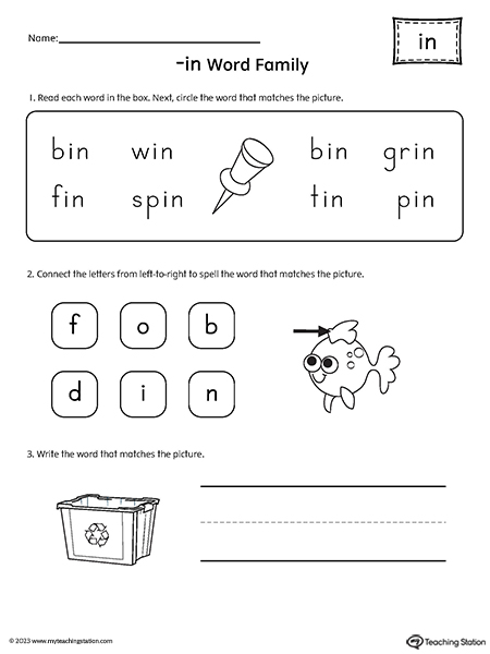 IN Word Family Match and Spell Worksheet