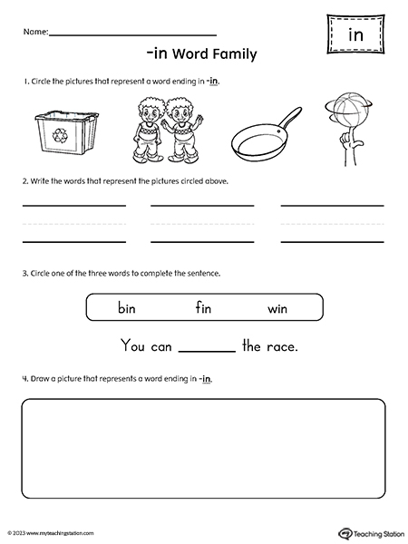 IN Word Family Picture and Word Match Worksheet