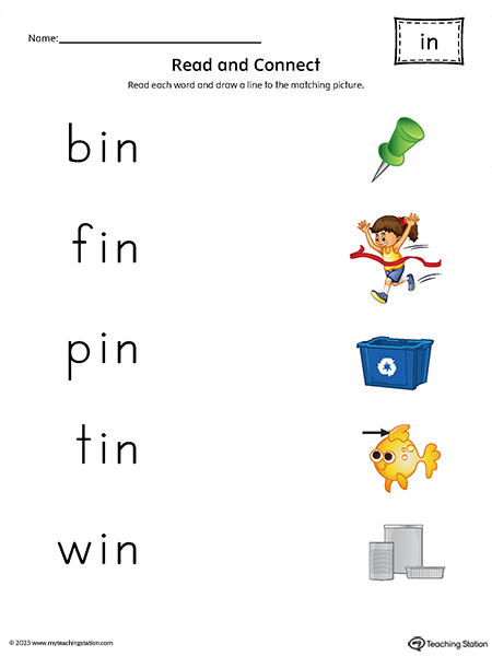 IN Word Family Read and Connect to Image Printable PDF