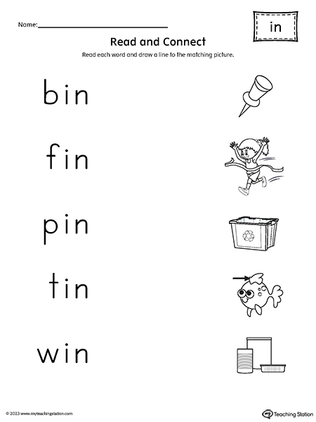 IN Word Family Read and Connect to Image Worksheet
