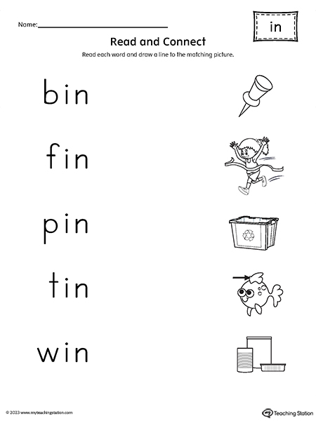 IN Word Family Read and Connect to Image Worksheet | MyTeachingStation.com