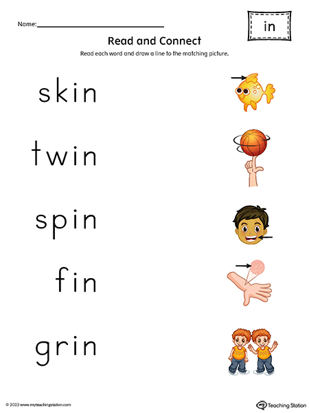 IN Word Family Read and Match Words to Pictures Printable PDF