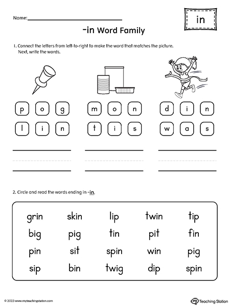 IN Word Family Read and Spell Simple Words Worksheet