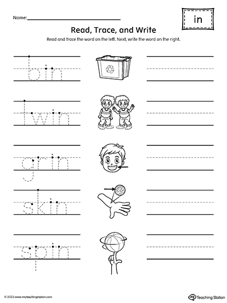 IN Word Family Read and Write Worksheet