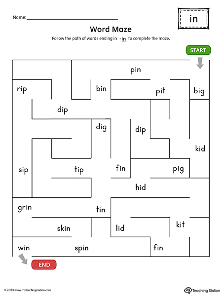 IN Word Family Word Maze Printable PDF