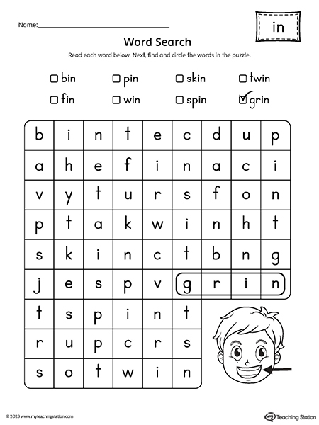 IN Word Family Word Search Worksheet