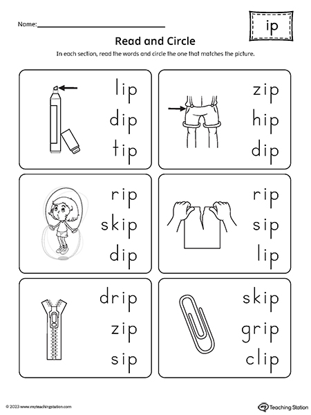IP Word Family Match Picture to Words Worksheet