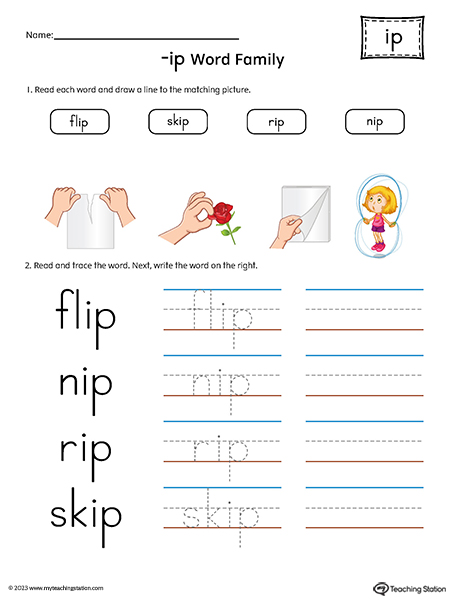 IP Word Family Match Pictures and Write Simple Words Printable PDF