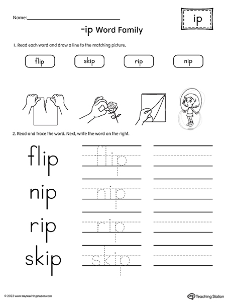 IP Word Family Match Pictures and Write Simple Words Worksheet