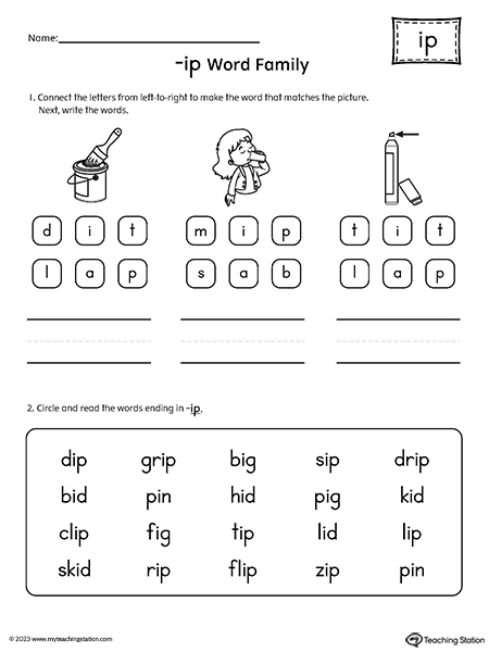 IP Word Family Read and Spell Simple Words Worksheet