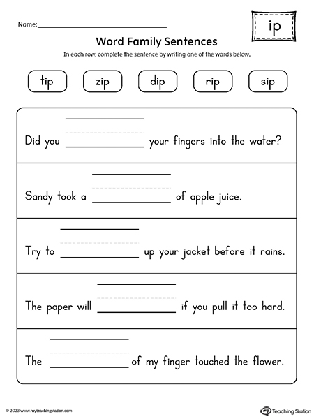 IP Word Family Sentences Worksheet