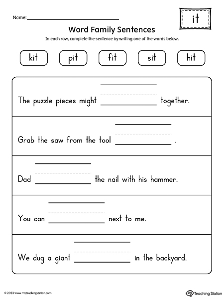 IT Word Family Sentences Worksheet