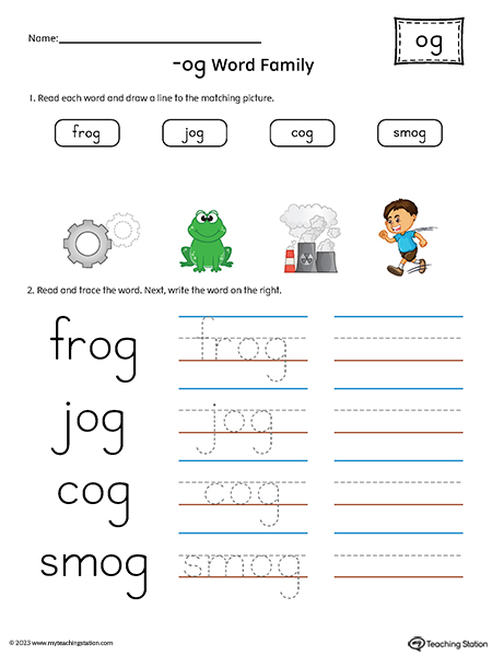 OG Word Family Match and Spell Words Printable PDF