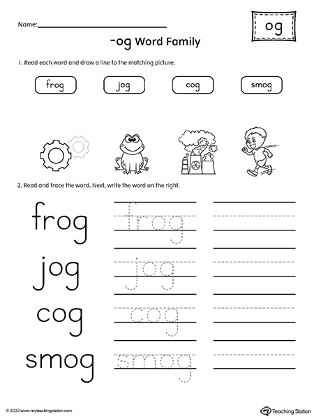 OG Word Family Match and Spell Words Worksheet