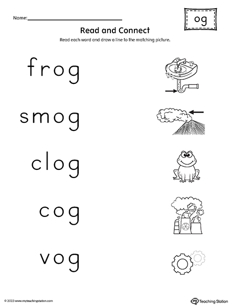 OG Word Family Read and Match Words to Pictures Worksheet