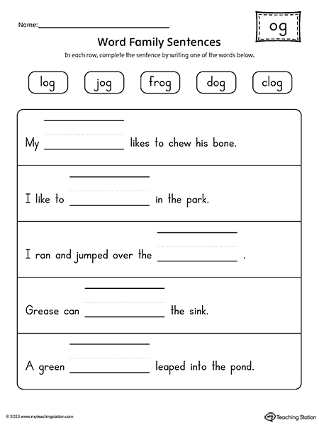 OG Word Family Sentences Worksheet