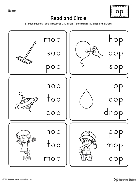 OP Word Family Match Picture to Words Worksheet