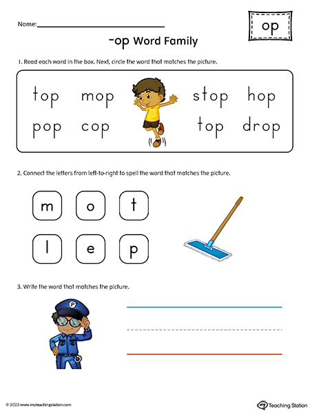 OP Word Family Match and Spell Printable PDF