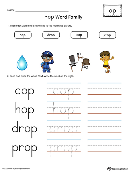 OP Word Family Match and Spell Words Printable PDF