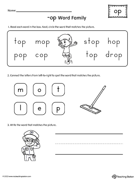 OP Word Family Match and Spell Worksheet