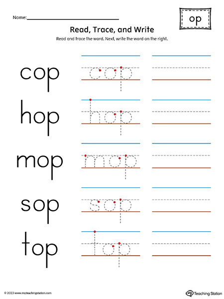 OP Word Family - Read, Trace, and Spell Printable PDF