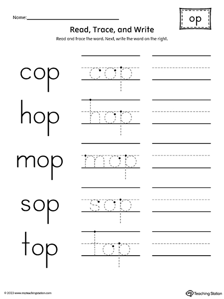 OP Word Family - Read, Trace, and Spell Worksheet