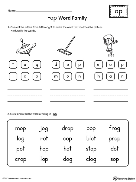 OP Word Family Read and Spell Simple Words Worksheet
