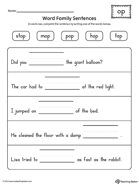 OP Word Family Sentences Worksheet