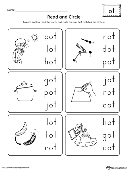 OT Word Family CVC Match Picture to Words Worksheet