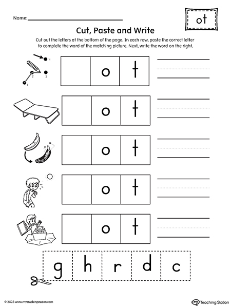 OT Word Family CVC Picture Match Cut-and-Paste Worksheet