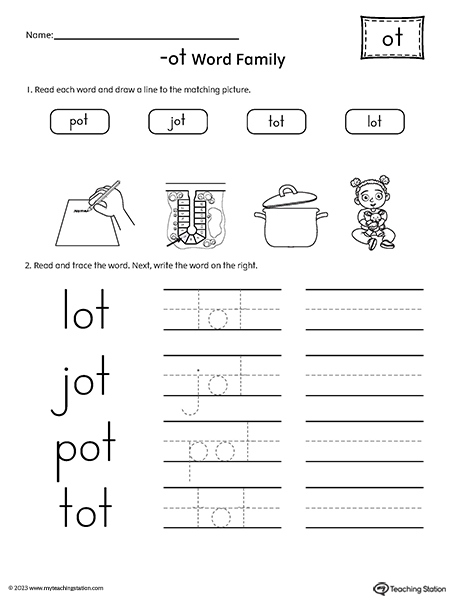OT Word Family Match Pictures and Write CVC Words Worksheet