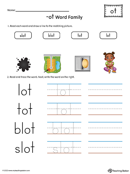 OT Word Family Match Pictures and Write Simple Words Printable PDF