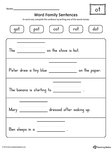 OT Word Family Sentences Worksheet
