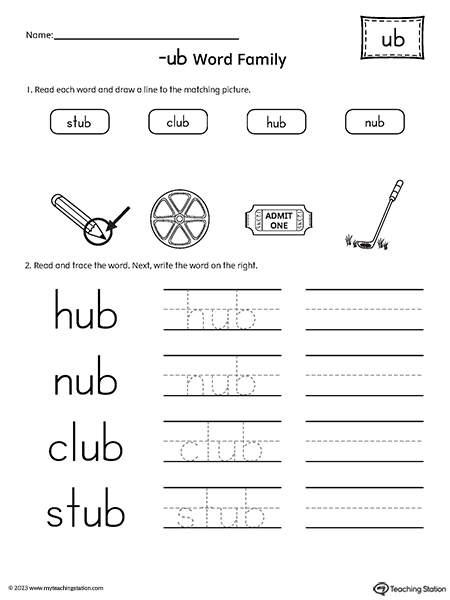 UB Word Family Match Pictures and Write Simple Words Worksheet