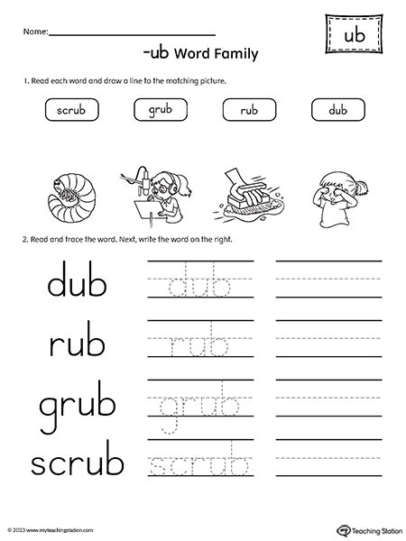 UB Word Family Match and Spell Words Worksheet