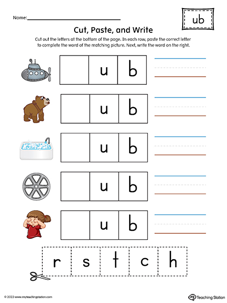 UB Word Family Picture Match Cut-and-Paste Printable PDF